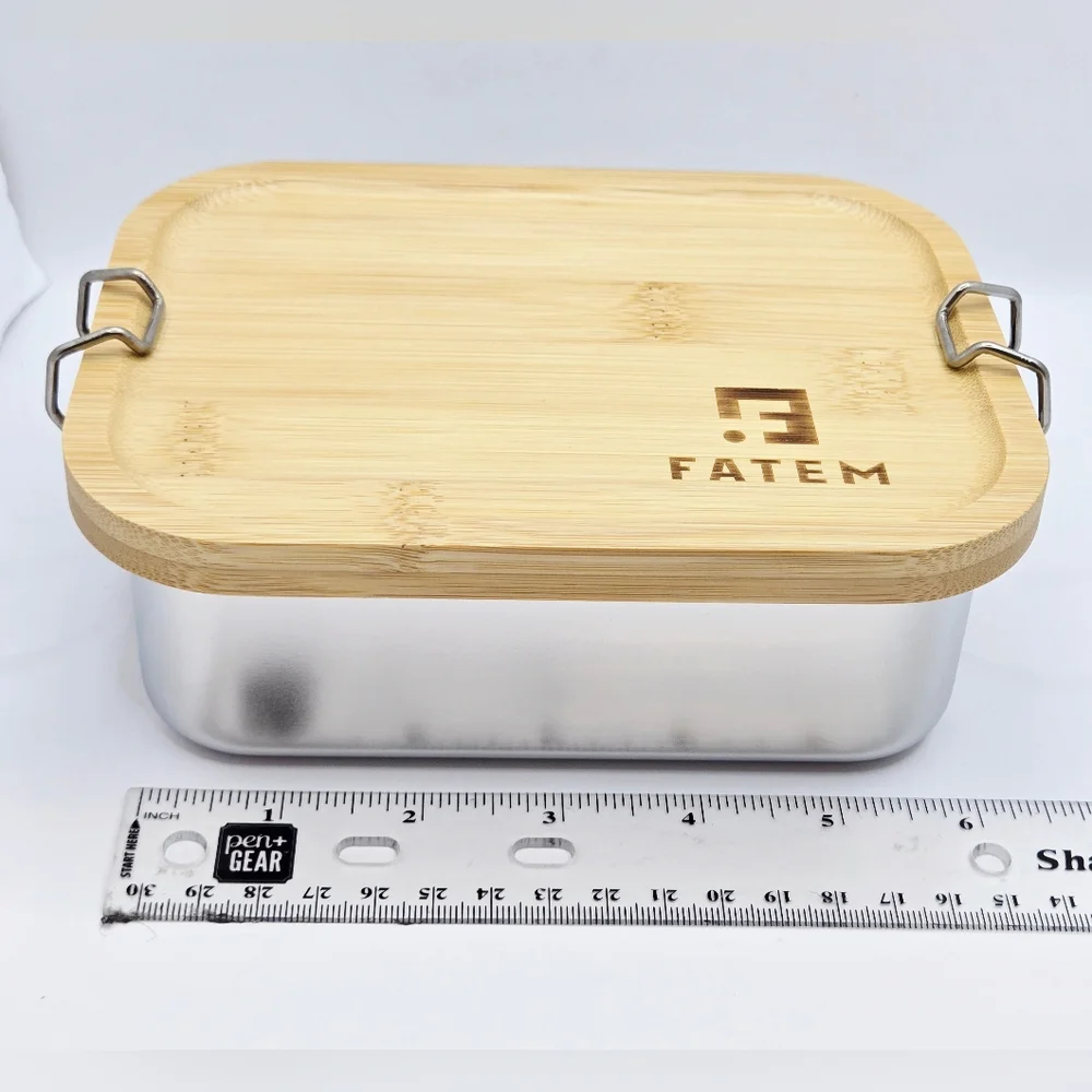 FATEM Stainless Steel Lunch Box with Bamboo Lid - Silver and Natural Wood - Picture 6 of 8